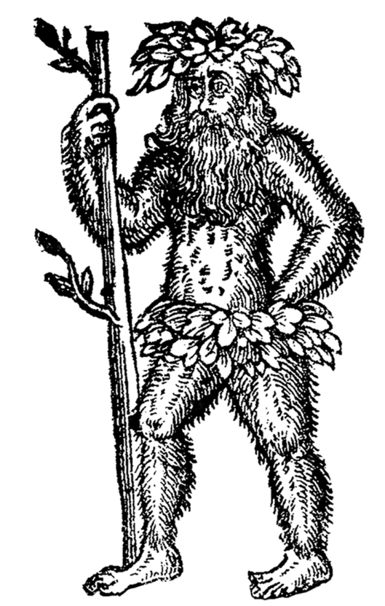 Woodcut of hobgoblin (house fairy) ‘Robin Goodfellow’. From the jest-book 'Robin Good-Fellow, his mad prankes and merry jests', Anonymous, 1639 (2nd Edn.). Simple black ink printed illustration of a standing male figure, naked - except for clusters of leaves around his middle and on the top of his head. He has shoulder-length hair, and a full, long, beard that covers his face; and his body is covered with long hair. His left hand rests on his hip; his right raised to hold a tree branch (as tall as the man), from which two smaller branches sprout, each bearing three single leaves. The image is from the British Library, and is edited by the author.