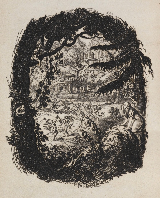 Etching illustrating a girl looking through trees on to a clearing in front of a palatial, on which a group of small winged beings hold hands while dancing in a ring.