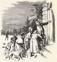 An etching depicting a man gesturing to a group of people standing beside him on the steps of a substantial building to come in. The scene is at night in winter, the people wearing clothes of 200 years ago.