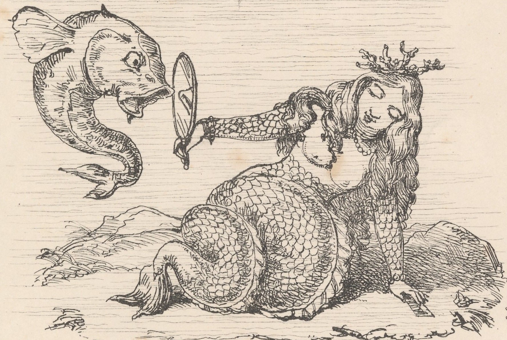 An etching of a mermaid reclining on the sea-bed, holding up a mirror to a passing fish.